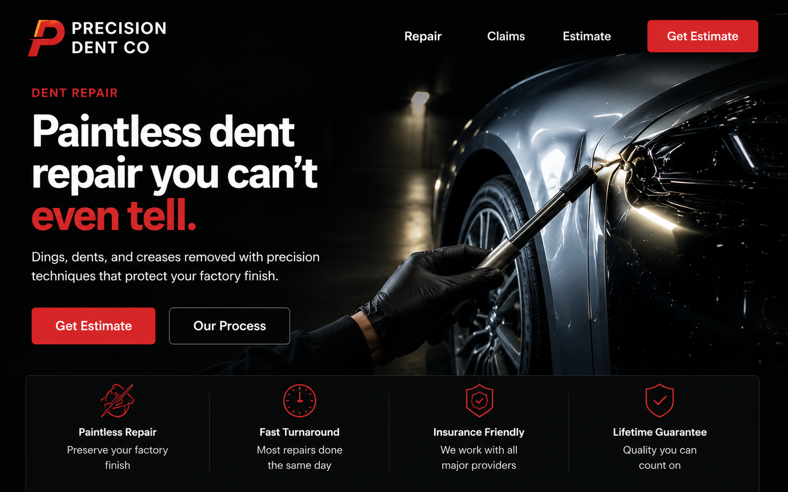 Dent repair demo website screenshot